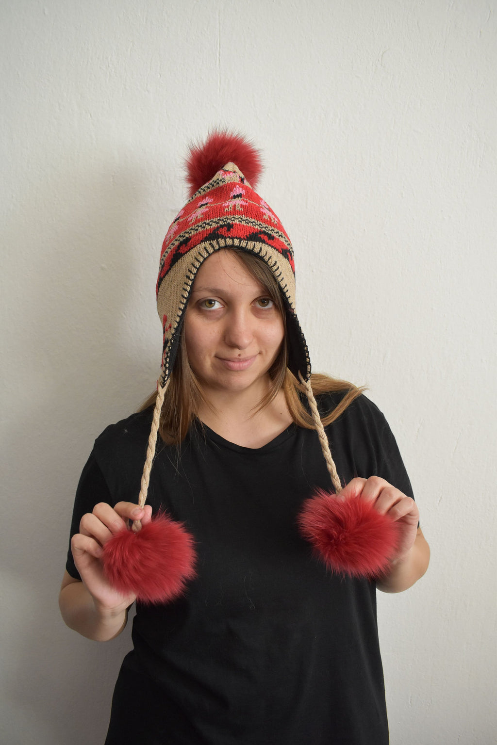 Earflat Hat With Fur Pom Pom | Fur Hat | Fur Beanie For Women | Fur Pom Pom Hat | Gift For Women