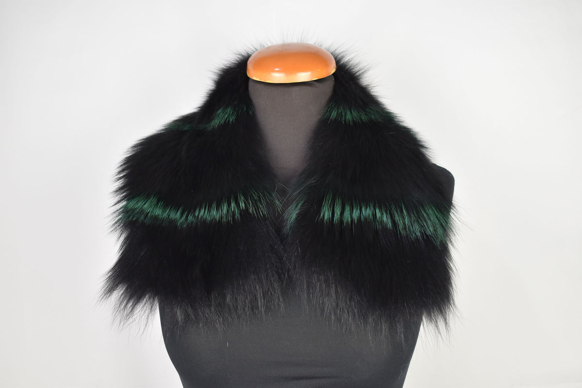 Fur Coat Collar Gift For Her | Detachable  Fox Fur Collar | Black With Green Fur Collar