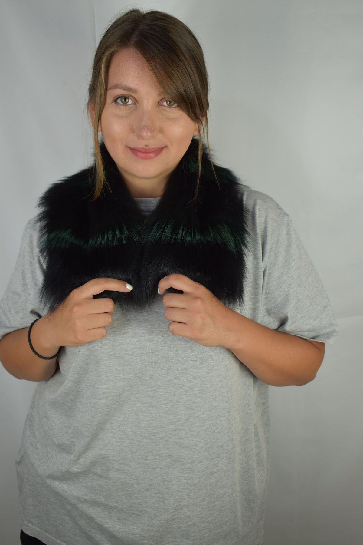 Fur Coat Collar Gift For Her | Detachable  Fox Fur Collar | Black With Green Fur Collar