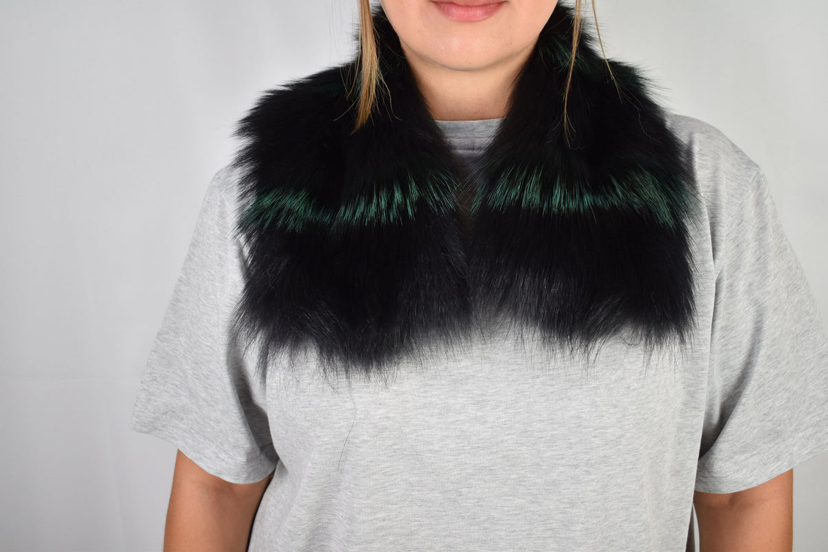 Fur Coat Collar Gift For Her | Detachable  Fox Fur Collar | Black With Green Fur Collar
