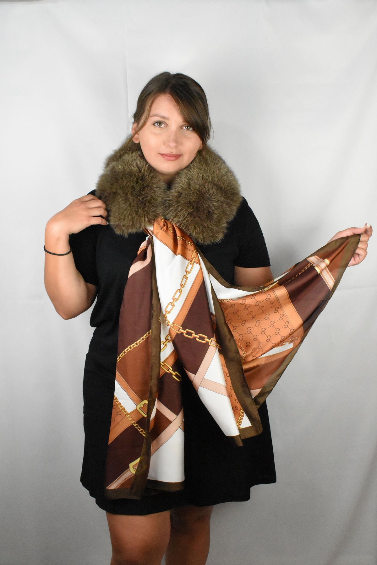 Detachable Neck Warmer with Golden  brown Silk Scarf/ Fox Fur Collar with Silk Shawl /Fur and silk wraps