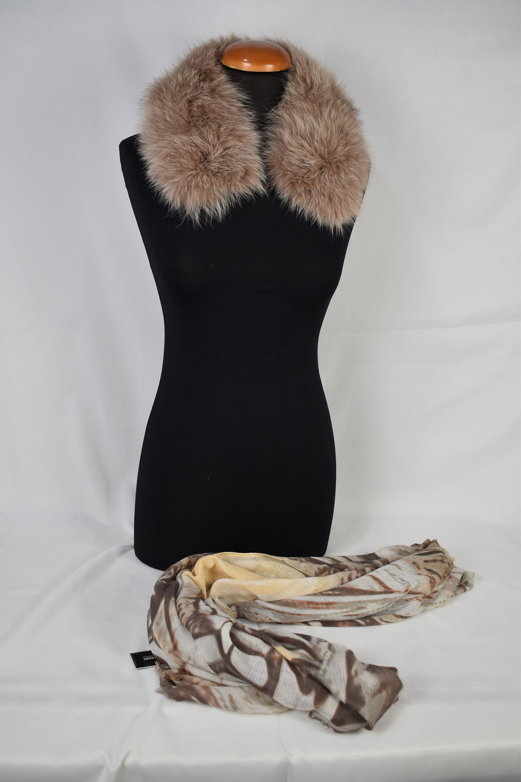 Fur Collar With Silk Tie- Scarf | Biege Fox Fur Collar Silk shawl -Scarf | Luxury Gift For Her