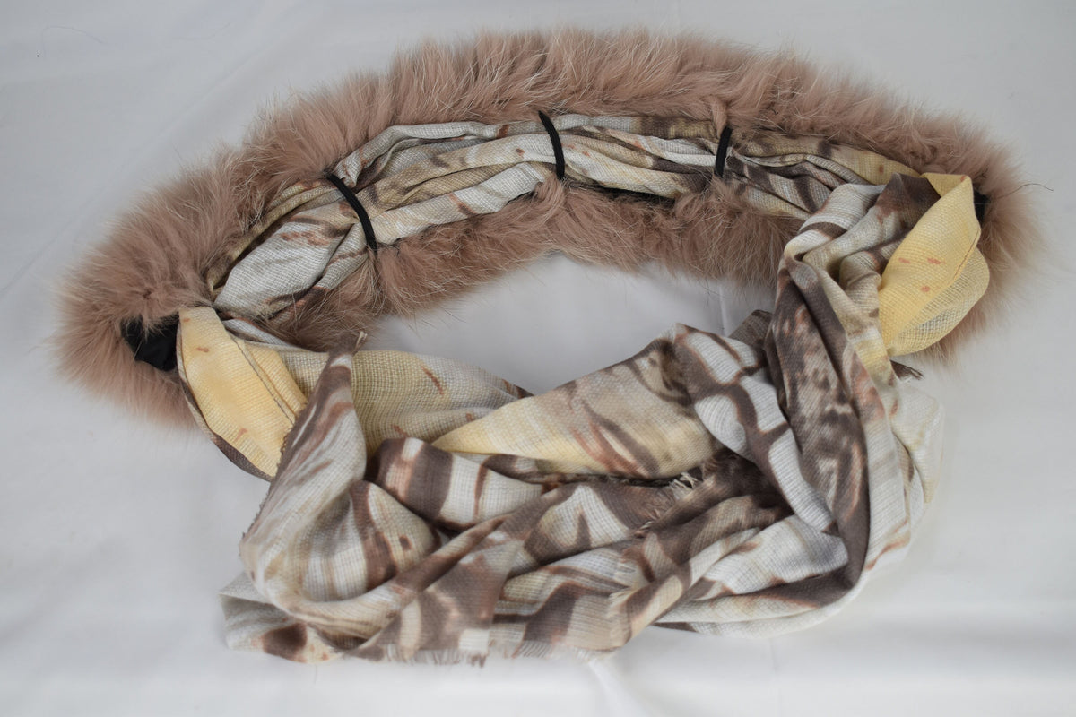 Fur Collar With Silk Tie- Scarf | Biege Fox Fur Collar Silk shawl -Scarf | Luxury Gift For Her