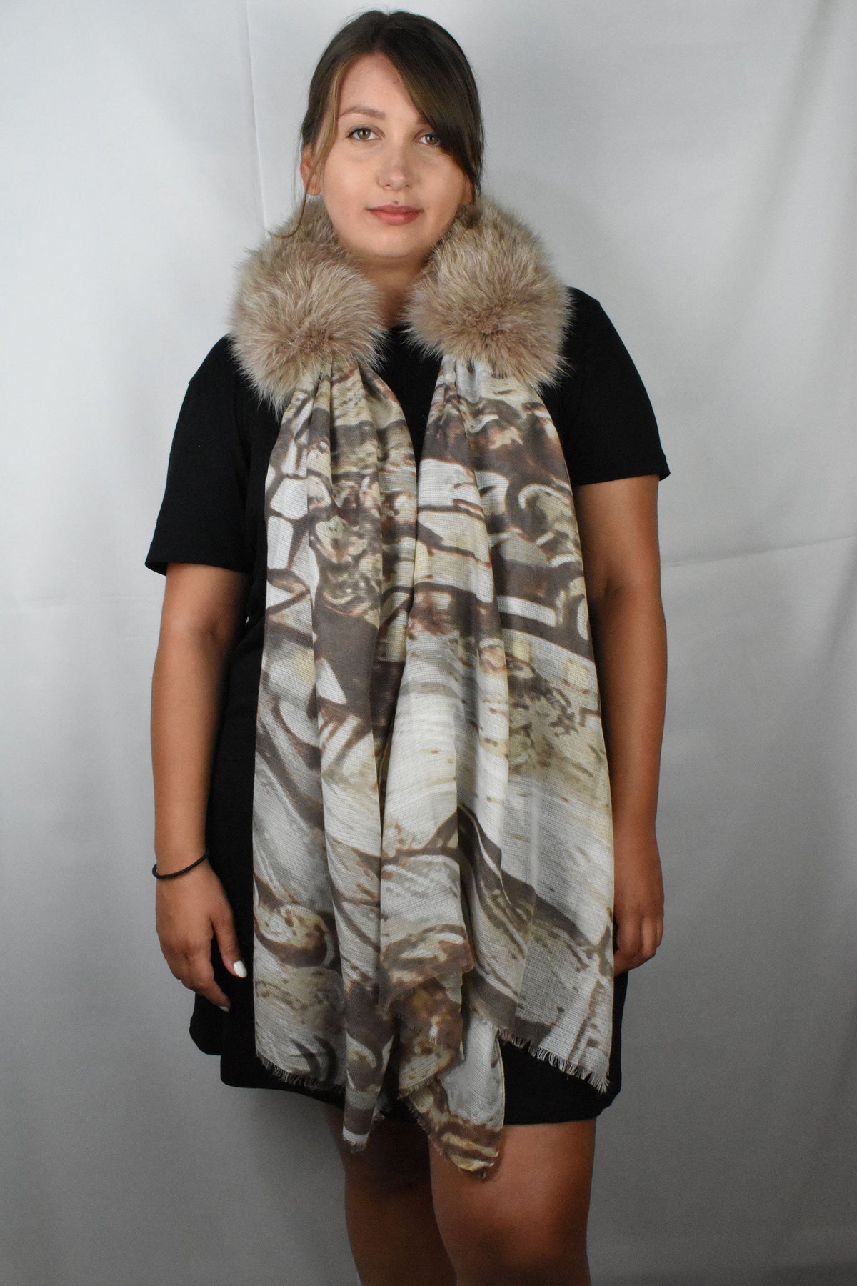 Fur Collar With Silk Tie- Scarf | Biege Fox Fur Collar Silk shawl -Scarf | Luxury Gift For Her
