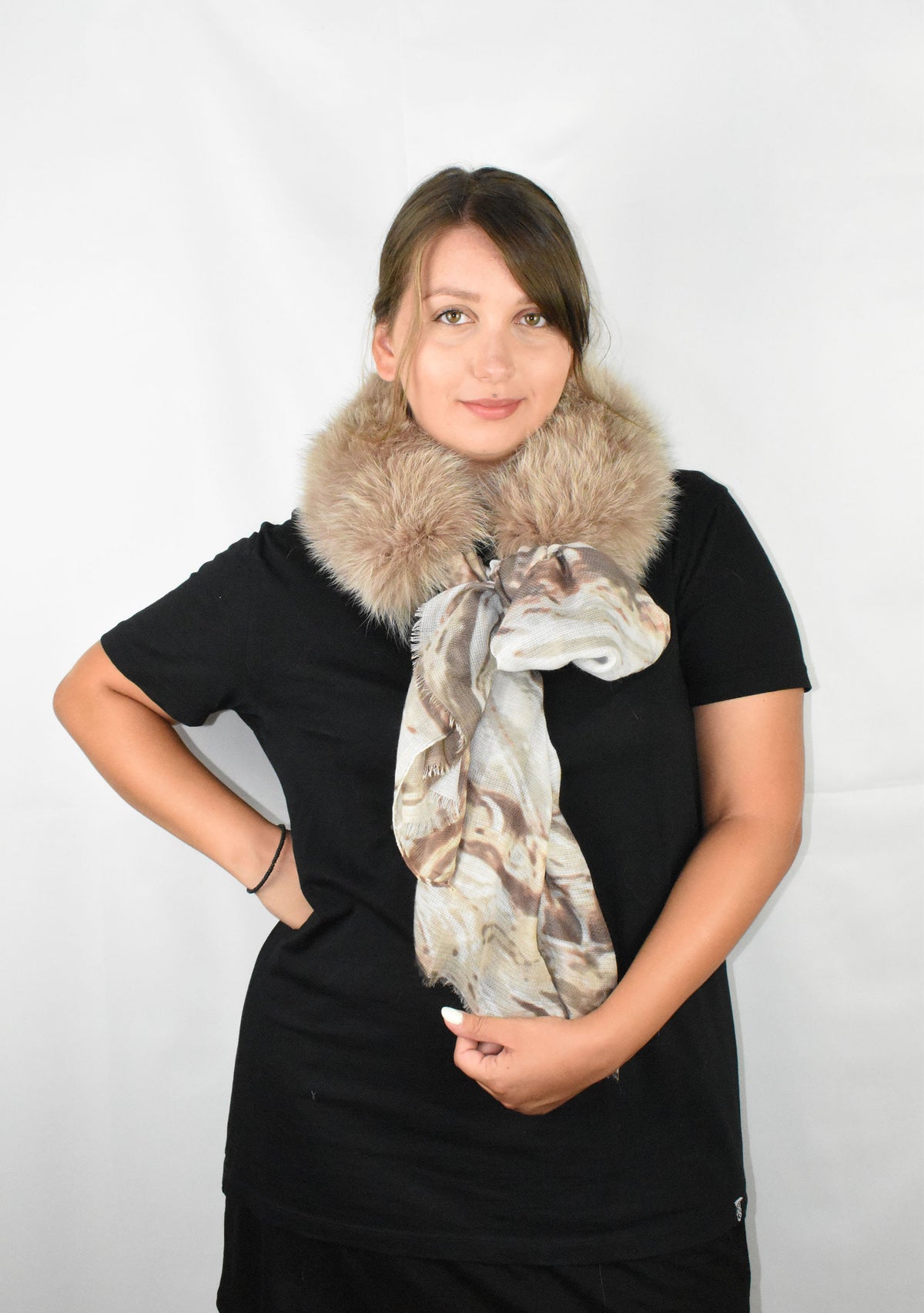 Fur Collar With Silk Tie- Scarf | Biege Fox Fur Collar Silk shawl -Scarf | Luxury Gift For Her