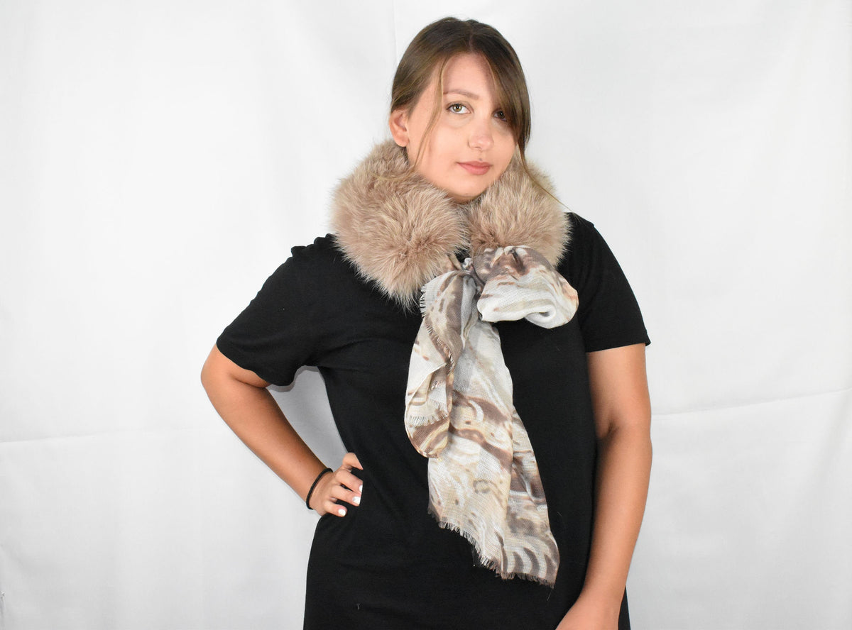 Fur Collar With Silk Tie- Scarf | Biege Fox Fur Collar Silk shawl -Scarf | Luxury Gift For Her