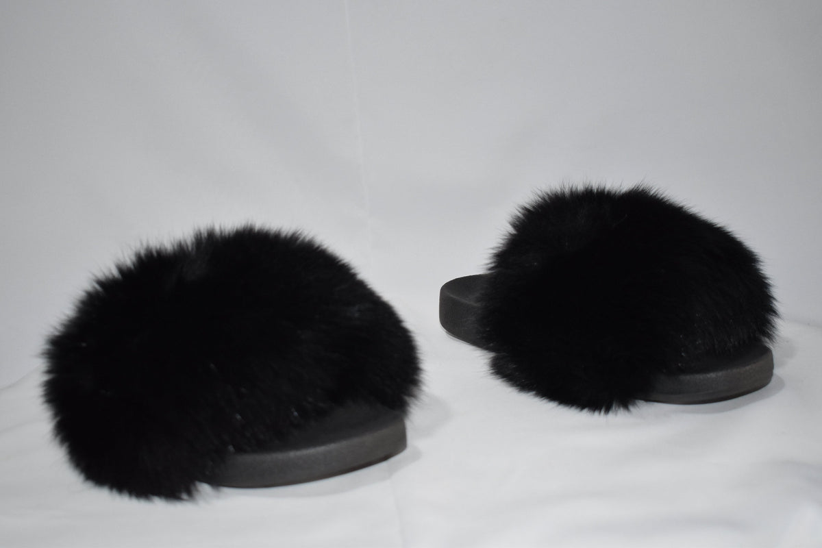 Fur Slides | Black Fox Fur Slides | Fur  Slippers |  Fox Fur slippers | Women Fur slides | Fur Flip Flops | Gift For Her