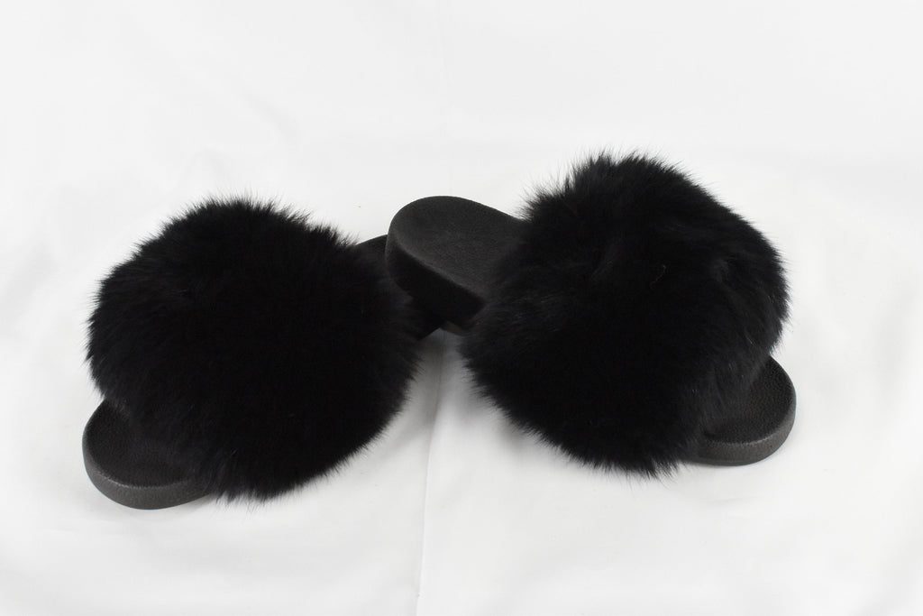 Fur Slides | Black Fox Fur Slides | Fur  Slippers |  Fox Fur slippers | Women Fur slides | Fur Flip Flops | Gift For Her