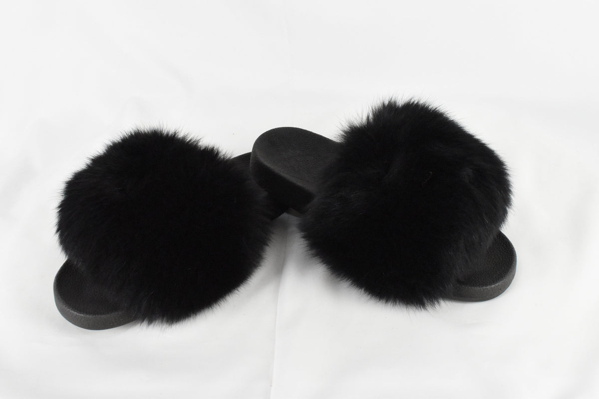 Fur Slides | Black Fox Fur Slides | Fur  Slippers |  Fox Fur slippers | Women Fur slides | Fur Flip Flops | Gift For Her