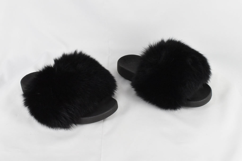 Fur Slides | Black Fox Fur Slides | Fur  Slippers |  Fox Fur slippers | Women Fur slides | Fur Flip Flops | Gift For Her