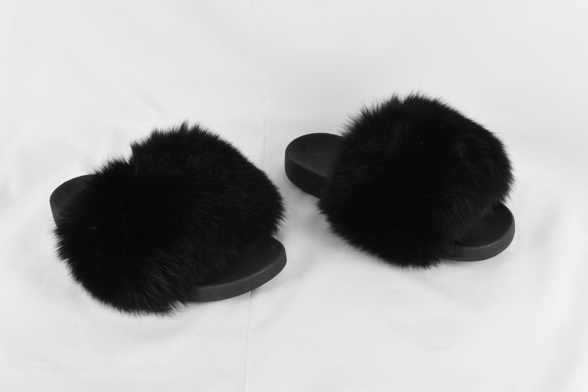 Fur Slides | Black Fox Fur Slides | Fur  Slippers |  Fox Fur slippers | Women Fur slides | Fur Flip Flops | Gift For Her