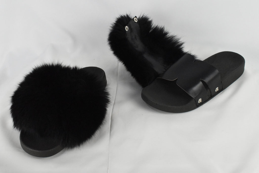 Fur Slides | Black Fox Fur Slides | Fur  Slippers |  Fox Fur slippers | Women Fur slides | Fur Flip Flops | Gift For Her