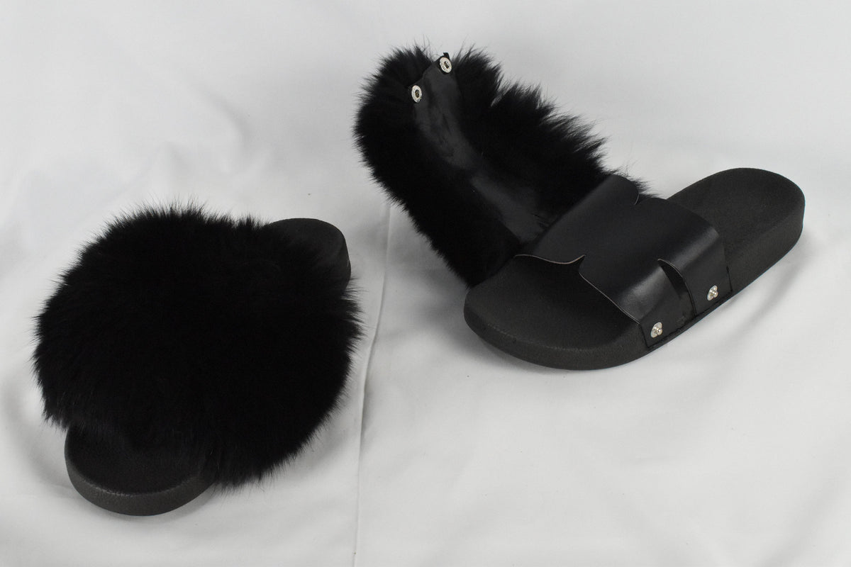 Fur Slides | Black Fox Fur Slides | Fur  Slippers |  Fox Fur slippers | Women Fur slides | Fur Flip Flops | Gift For Her