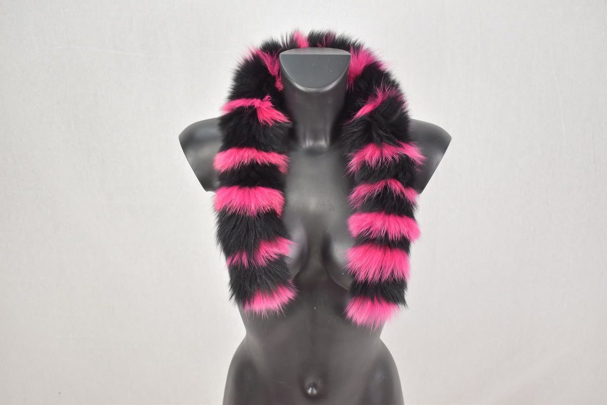 Detachable Fur Trim For Hoodie | Black-Fuchia Real Fur Strip For hood | Fur Collar | Fur Scarf | Diy Fur Trim Hood