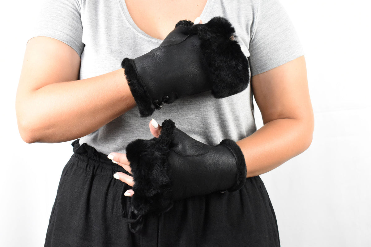 Leather Fingerless Gloves  | Sheepskin Fur Gloves For Women |Sheepskin Fingertip Gloves | Fur  Gloves | Black Sheepskin Gloves