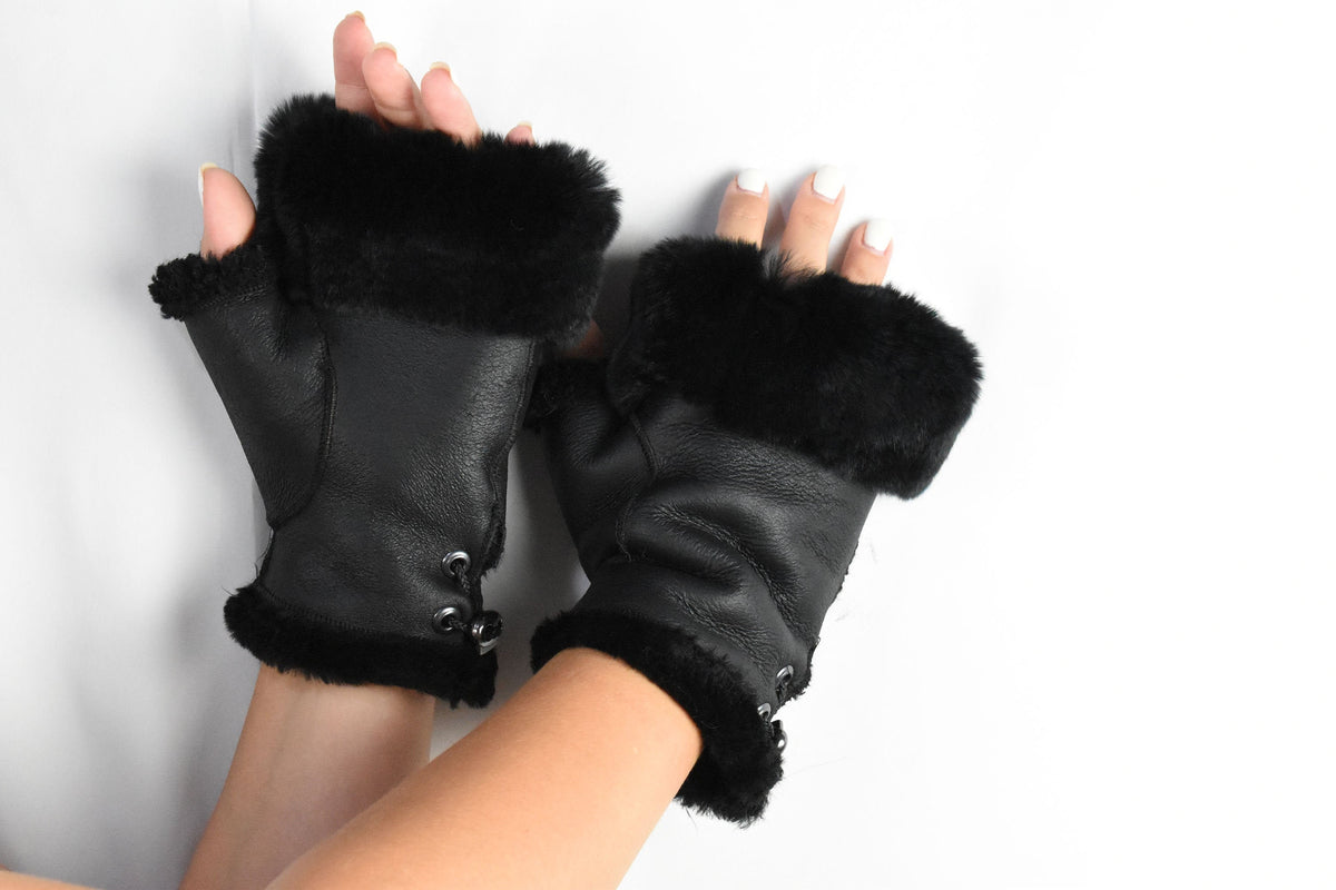 Leather Fingerless Gloves  | Sheepskin Fur Gloves For Women |Sheepskin Fingertip Gloves | Fur  Gloves | Black Sheepskin Gloves