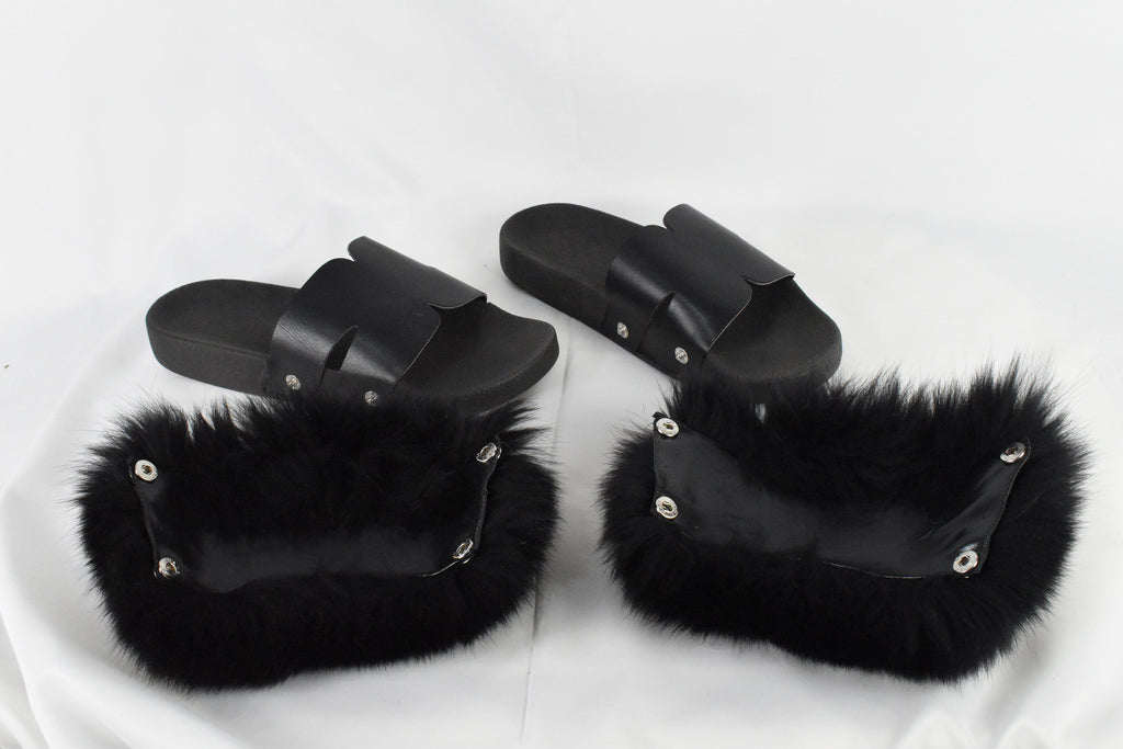 Fur Slides | Black Fox Fur Slides | Fur  Slippers |  Fox Fur slippers | Women Fur slides | Fur Flip Flops | Gift For Her