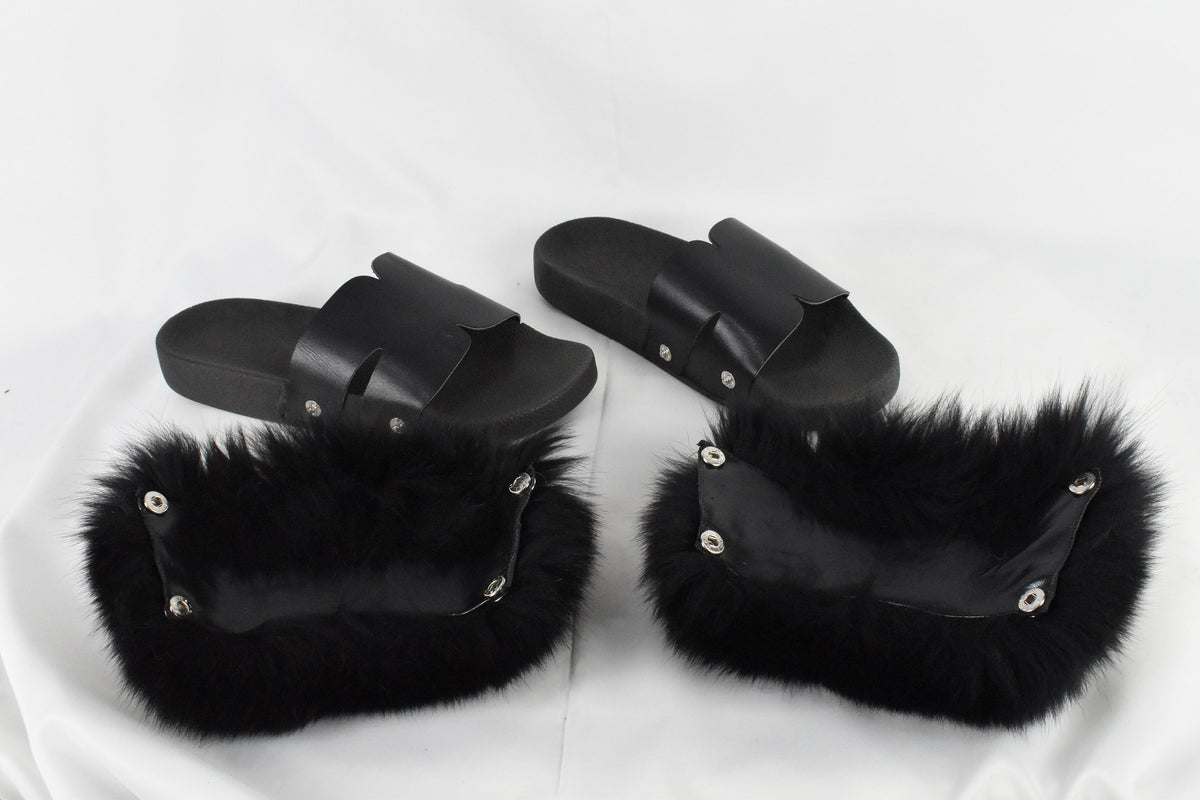 Fur Slides | Black Fox Fur Slides | Fur  Slippers |  Fox Fur slippers | Women Fur slides | Fur Flip Flops | Gift For Her