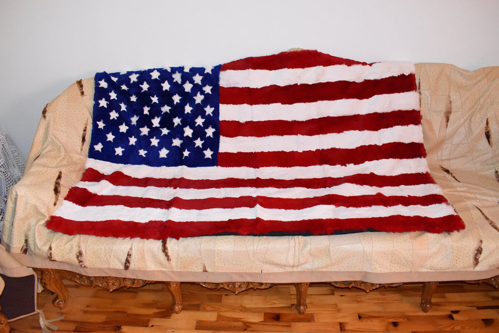Fur  Blanket of USA Flag | Rex  rabbit Fur Throw | Sofa Throw Cover of the american flag desing | Handmade Fur blanket