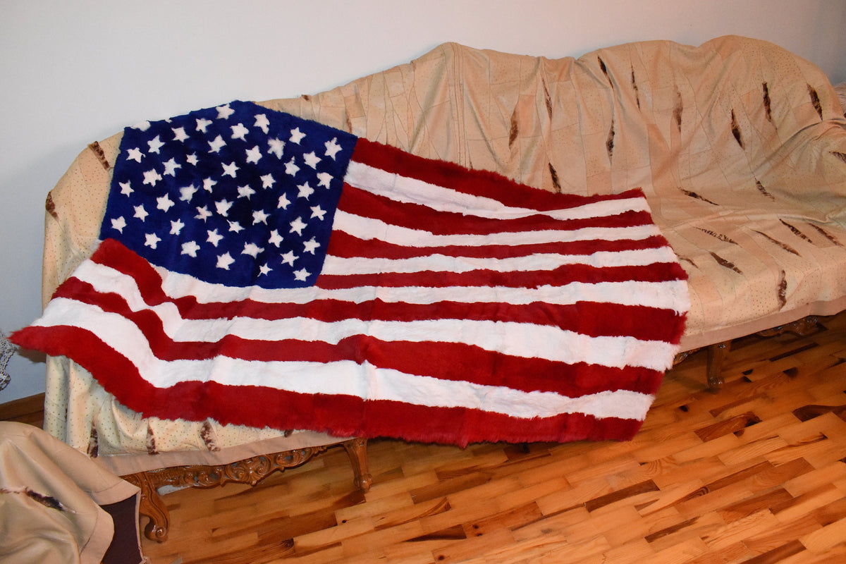 Fur  Blanket of USA Flag | Rex  rabbit Fur Throw | Sofa Throw Cover of the american flag desing | Handmade Fur blanket
