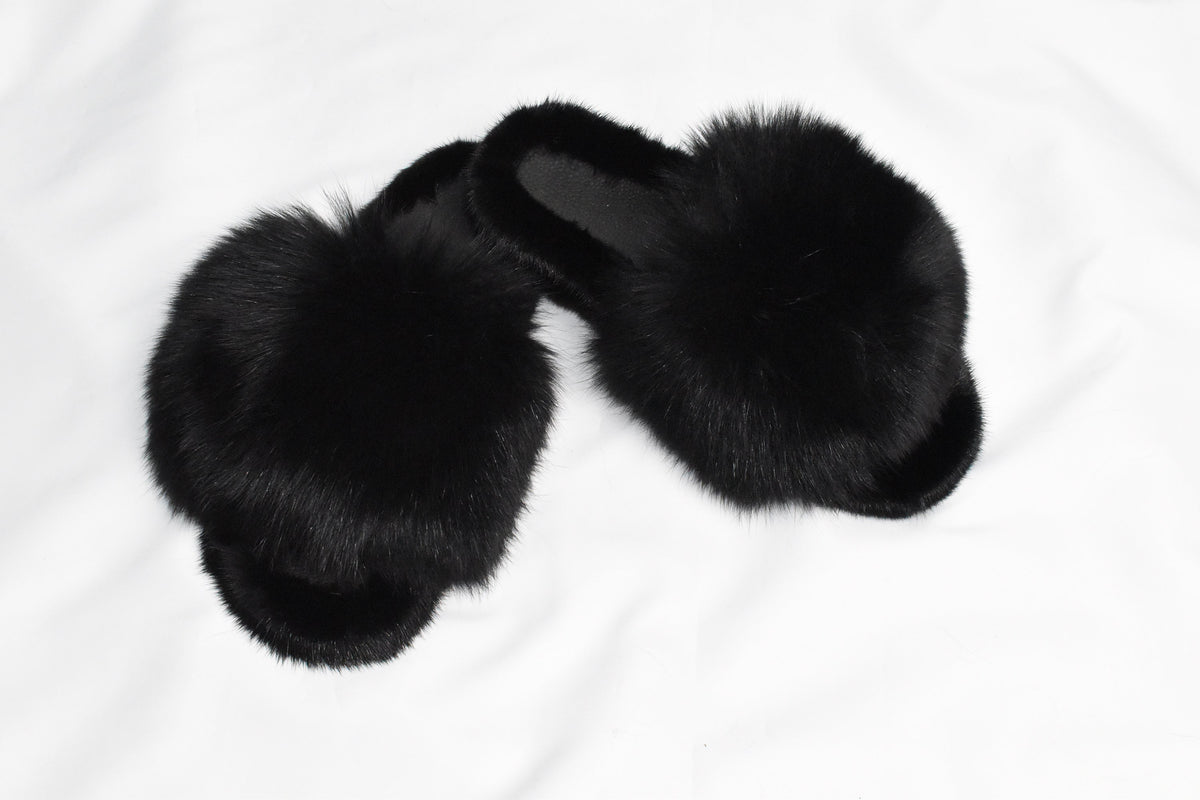 Mink Fur Slides | Black Fur Slides |  Mink And Fox Fur Slide | Luxury gift for women
