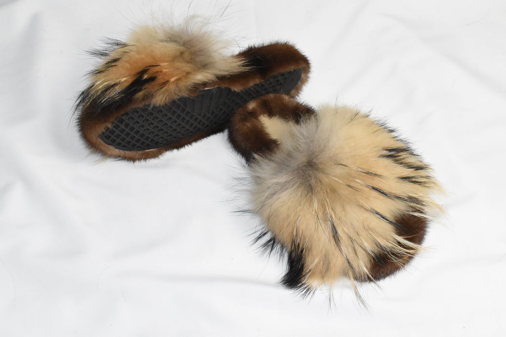 Mink Fur Slide Sandal |  Real Mink and Fox Fur slippers |  Fluffy slides | gift for her