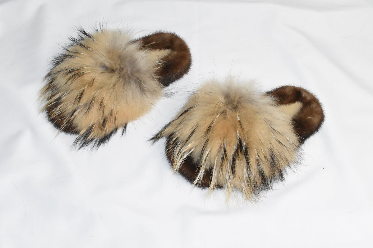 Mink Fur Slide Sandal |  Real Mink and Fox Fur slippers |  Fluffy slides | gift for her