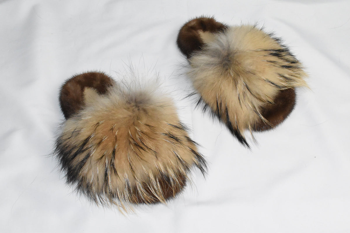 Mink Fur Slide Sandal |  Real Mink and Fox Fur slippers |  Fluffy slides | gift for her