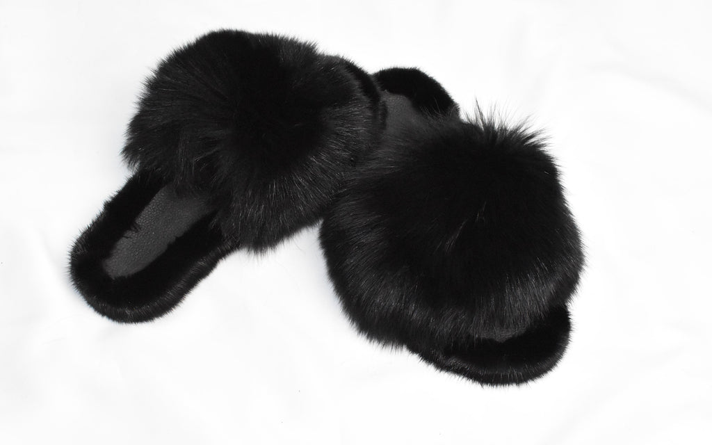 Mink Fur Slides | Black Fur Slides |  Mink And Fox Fur Slide | Luxury gift for women