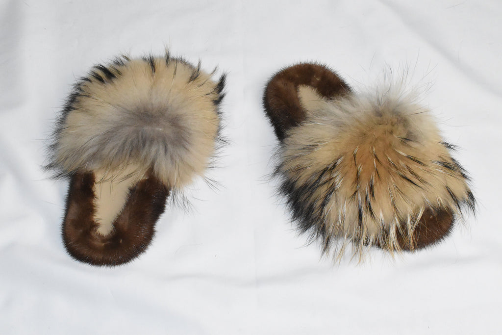 Mink Fur Slide Sandal |  Real Mink and Fox Fur slippers |  Fluffy slides | gift for her