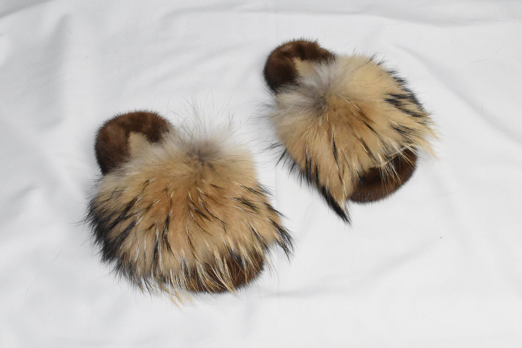Mink Fur Slide Sandal |  Real Mink and Fox Fur slippers |  Fluffy slides | gift for her