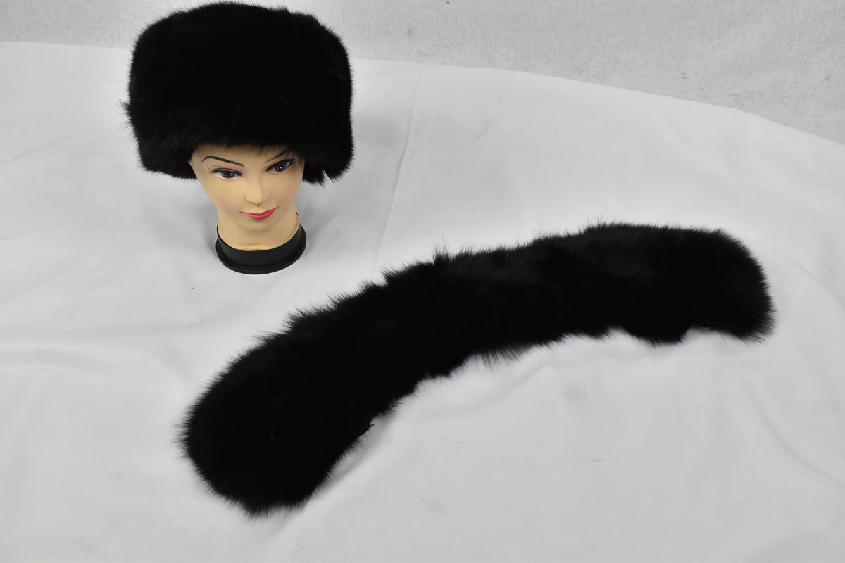 Fox Fur Collar | Black Fur Collar with extra Gift Fox Fur Hat | Detachable Fur Collar Rusian Fox Fur Hat | Winter Fur Hat and Fur Collar Set