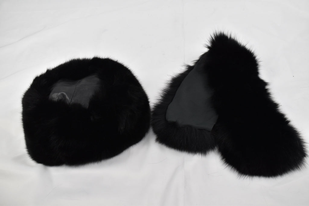 Fox Fur Collar | Black Fur Collar with extra Gift Fox Fur Hat | Detachable Fur Collar Rusian Fox Fur Hat | Winter Fur Hat and Fur Collar Set