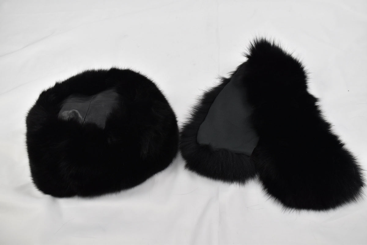 Fox Fur Collar | Black Fur Collar with extra Gift Fox Fur Hat | Detachable Fur Collar Rusian Fox Fur Hat | Winter Fur Hat and Fur Collar Set
