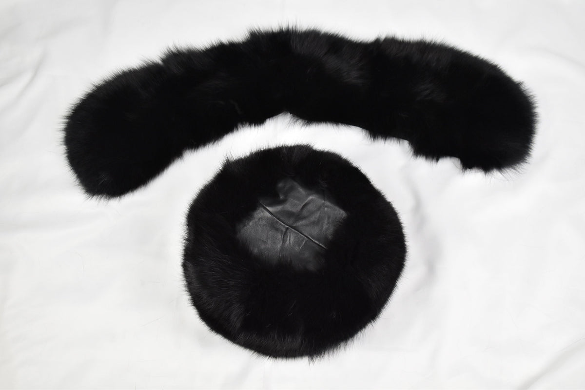 Fox Fur Collar | Black Fur Collar with extra Gift Fox Fur Hat | Detachable Fur Collar Rusian Fox Fur Hat | Winter Fur Hat and Fur Collar Set