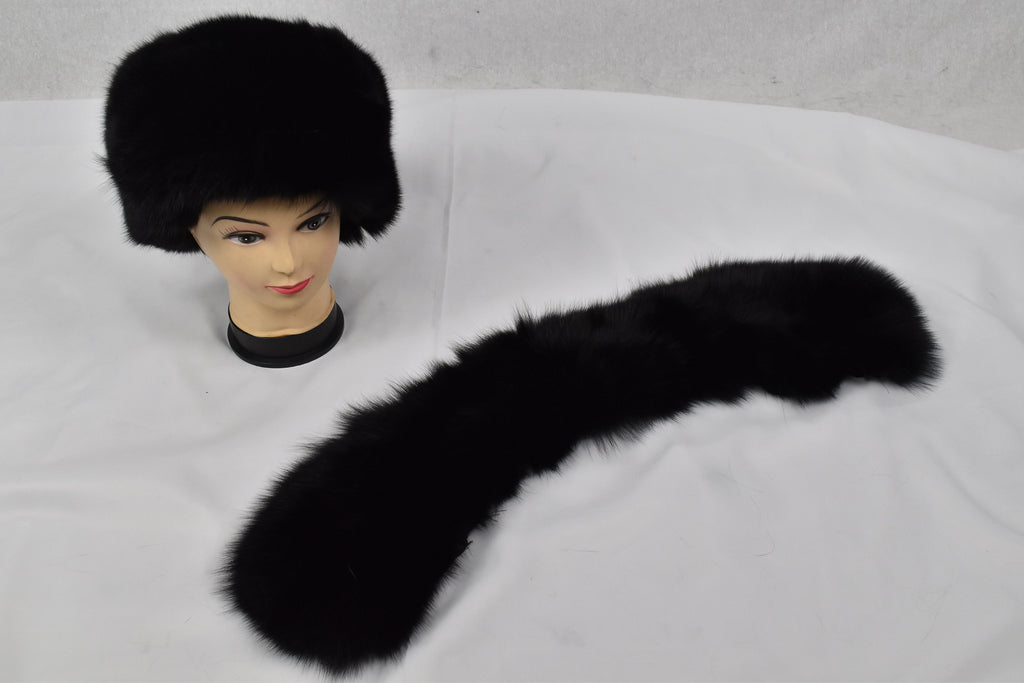 Fox Fur Collar | Black Fur Collar with extra Gift Fox Fur Hat | Detachable Fur Collar Rusian Fox Fur Hat | Winter Fur Hat and Fur Collar Set