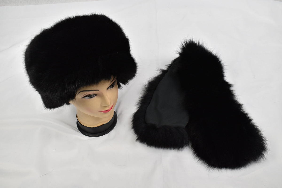 Fox Fur Collar | Black Fur Collar with extra Gift Fox Fur Hat | Detachable Fur Collar Rusian Fox Fur Hat | Winter Fur Hat and Fur Collar Set