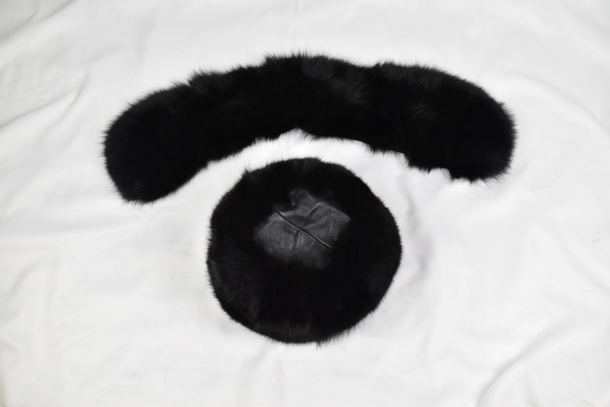 Fox Fur Collar | Black Fur Collar with extra Gift Fox Fur Hat | Detachable Fur Collar Rusian Fox Fur Hat | Winter Fur Hat and Fur Collar Set