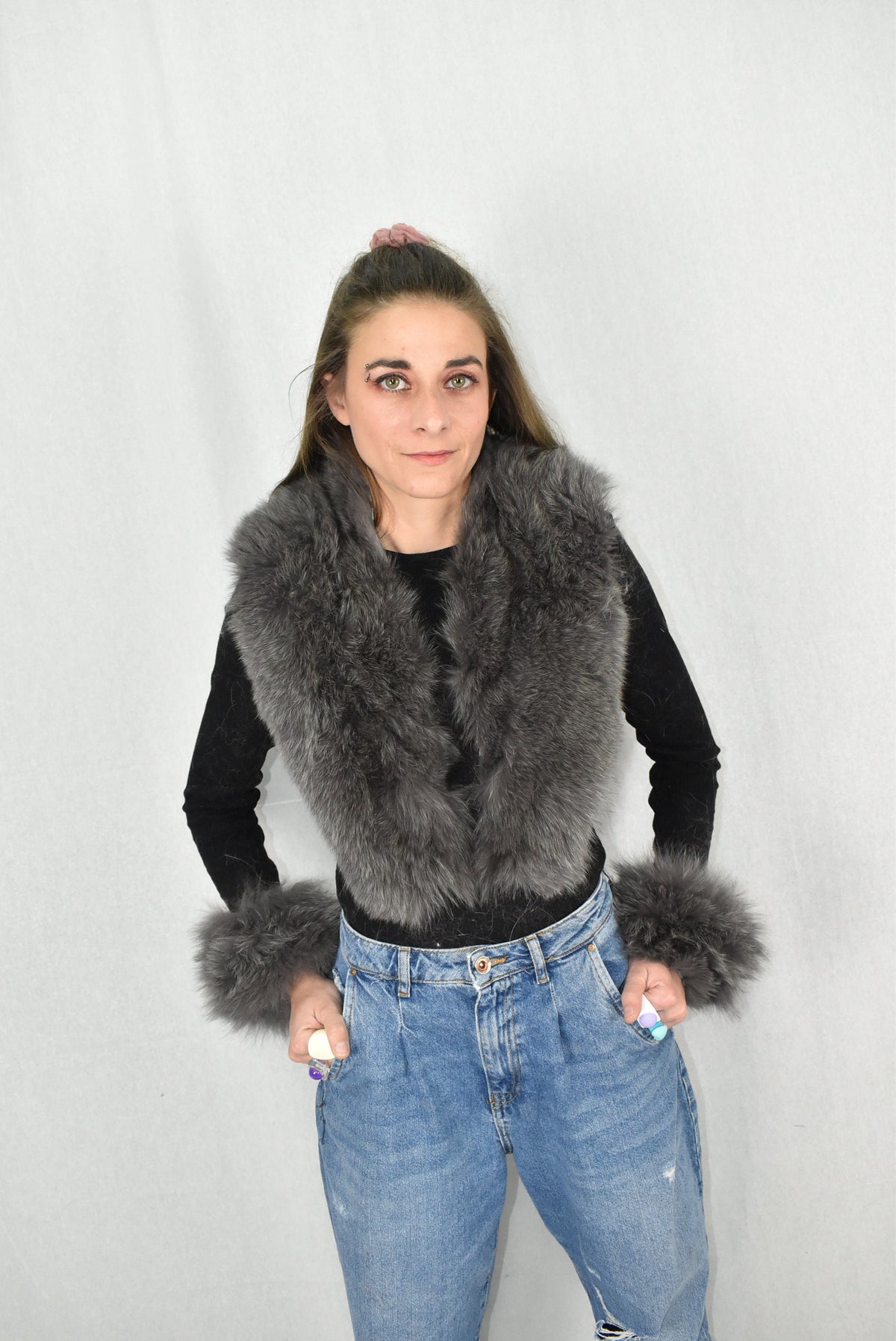 Natural Fox Fur Collar | Fox Fur Cuffs |  Detachable Gray Fur Collar | Set Of Fur Collar And Cuffs