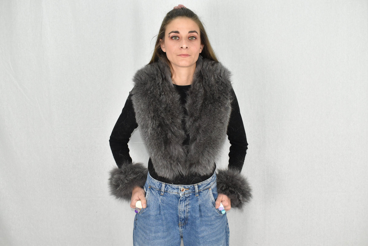 Natural Fox Fur Collar | Fox Fur Cuffs |  Detachable Gray Fur Collar | Set Of Fur Collar And Cuffs