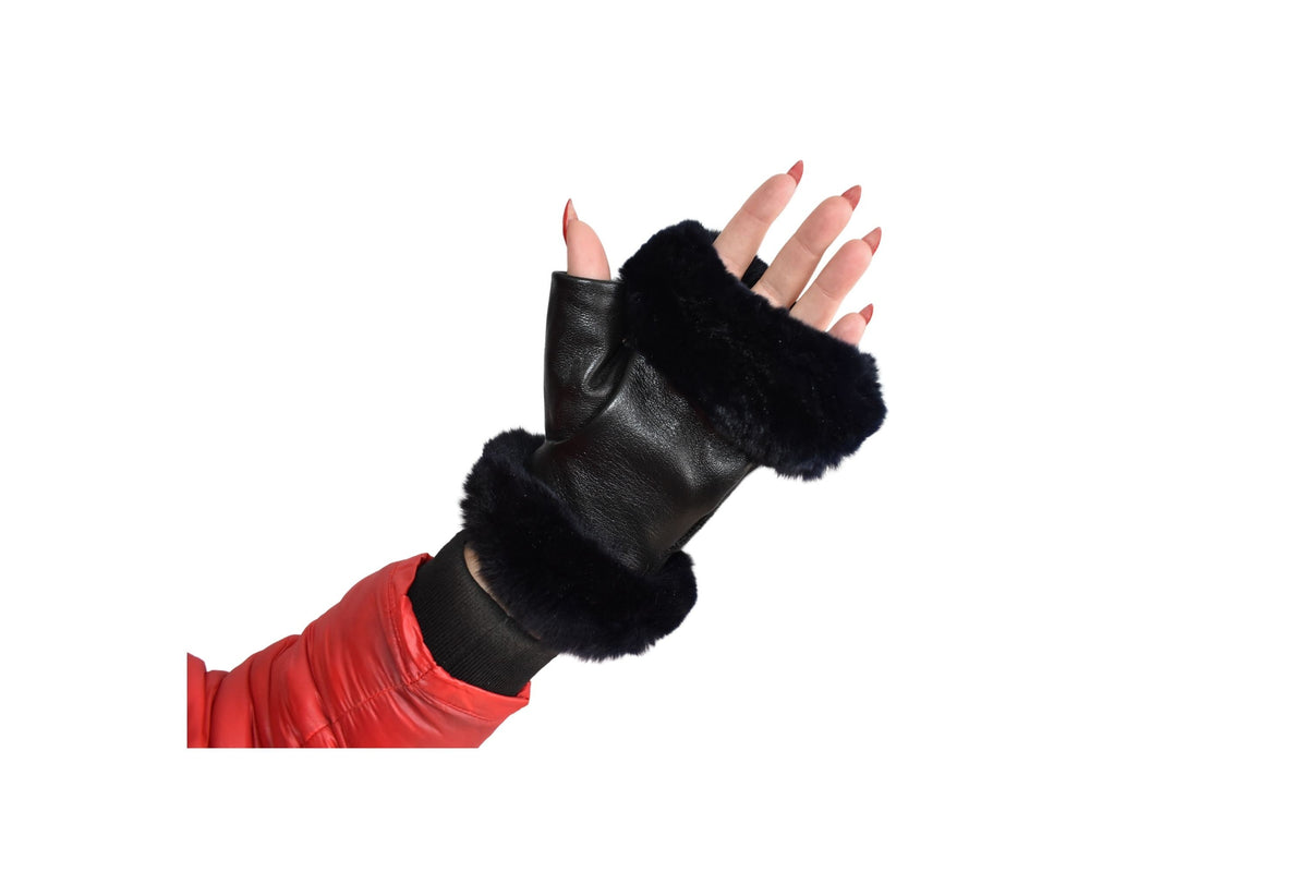 Leather Fingerless Gloves  | Renuine Leather Gloves  | Women Gloves  | Rex rabbit Fur  Gloves | Black  Gloves | Valentine Gift