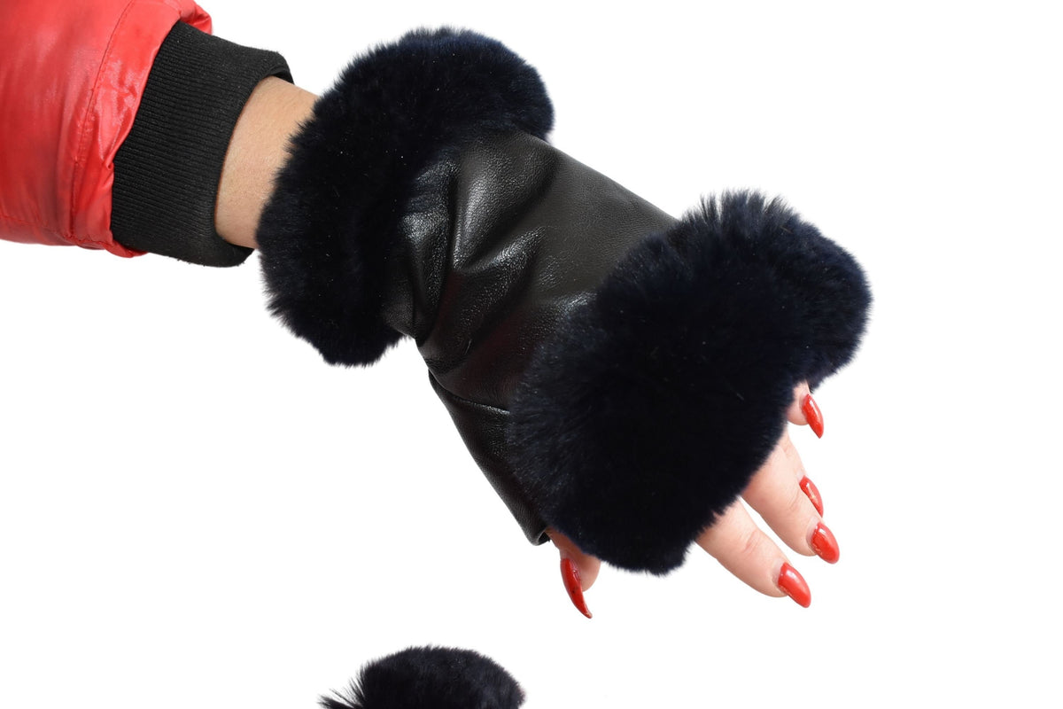 Leather Fingerless Gloves  | Renuine Leather Gloves  | Women Gloves  | Rex rabbit Fur  Gloves | Black  Gloves | Valentine Gift