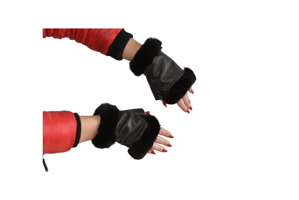 Leather Fingerless Gloves  | Renuine Leather Gloves  | Women Gloves  | Rex rabbit Fur  Gloves | Brown  Gloves | Valentine Gift