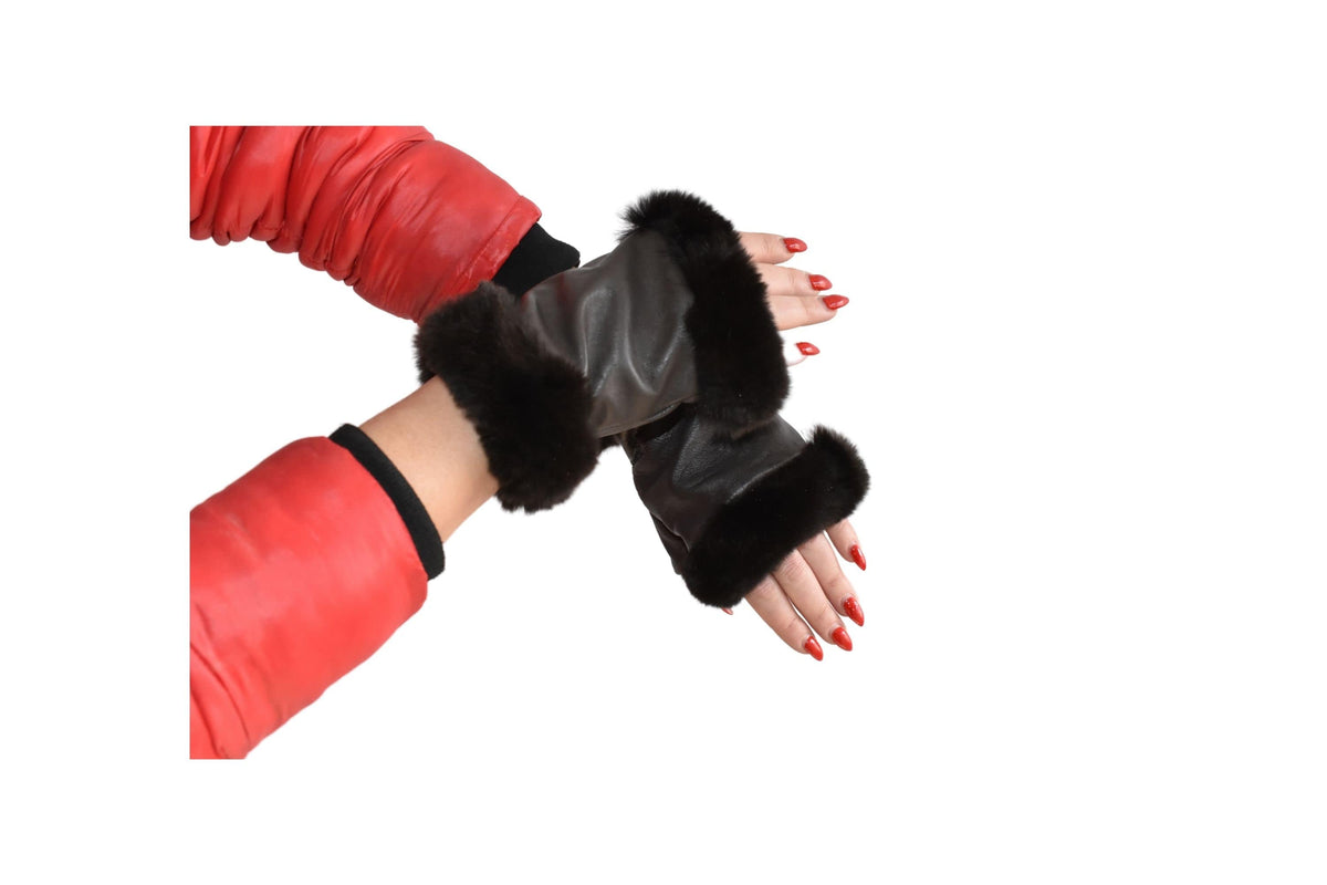 Leather Fingerless Gloves  | Renuine Leather Gloves  | Women Gloves  | Rex rabbit Fur  Gloves | Brown  Gloves | Valentine Gift