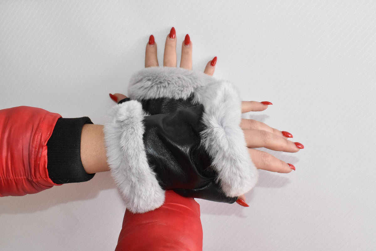 Leather Fingerless Gloves  | Renuine Leather Gloves  | Women Gloves  | Rex rabbit Fur  Gloves | Black  Gloves | Valentine Gift