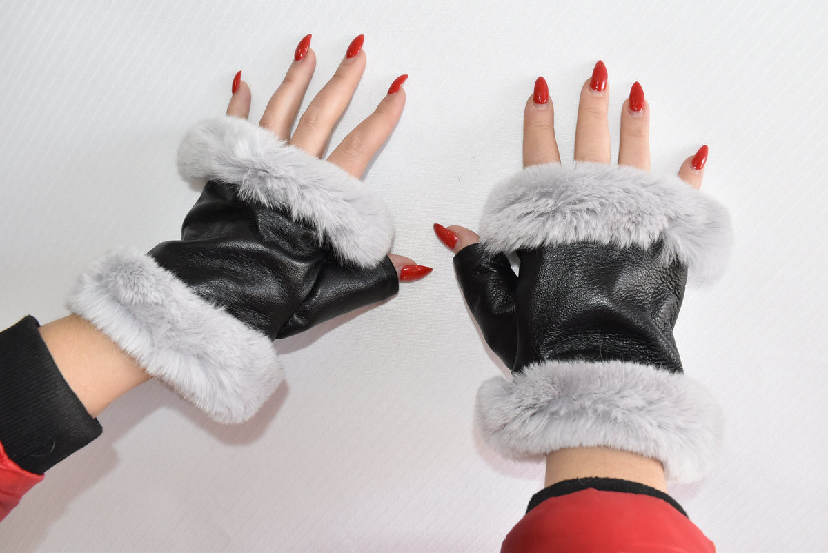 Leather Fingerless Gloves  | Renuine Leather Gloves  | Women Gloves  | Rex rabbit Fur  Gloves | Black  Gloves | Valentine Gift