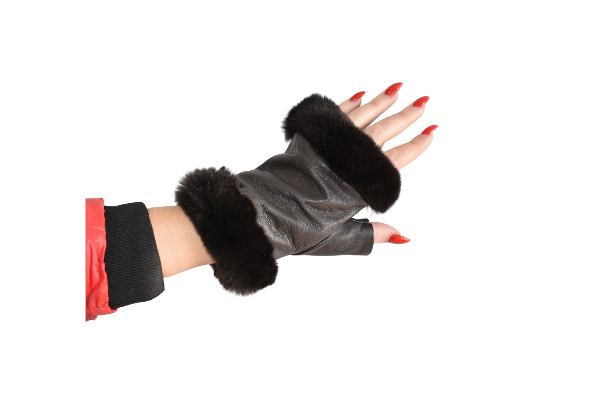 Leather Fingerless Gloves  | Renuine Leather Gloves  | Women Gloves  | Rex rabbit Fur  Gloves | Brown  Gloves | Valentine Gift