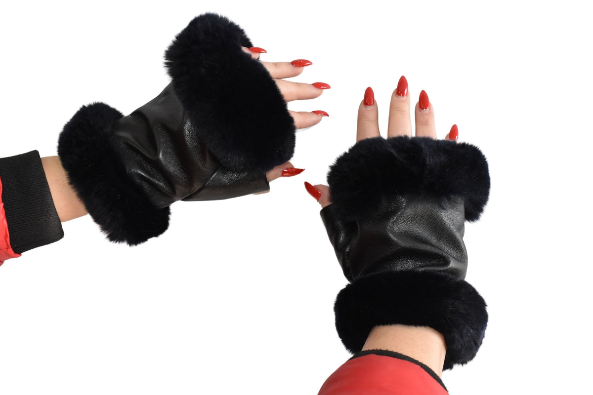 Leather Fingerless Gloves  | Renuine Leather Gloves  | Women Gloves  | Rex rabbit Fur  Gloves | Black  Gloves | Valentine Gift