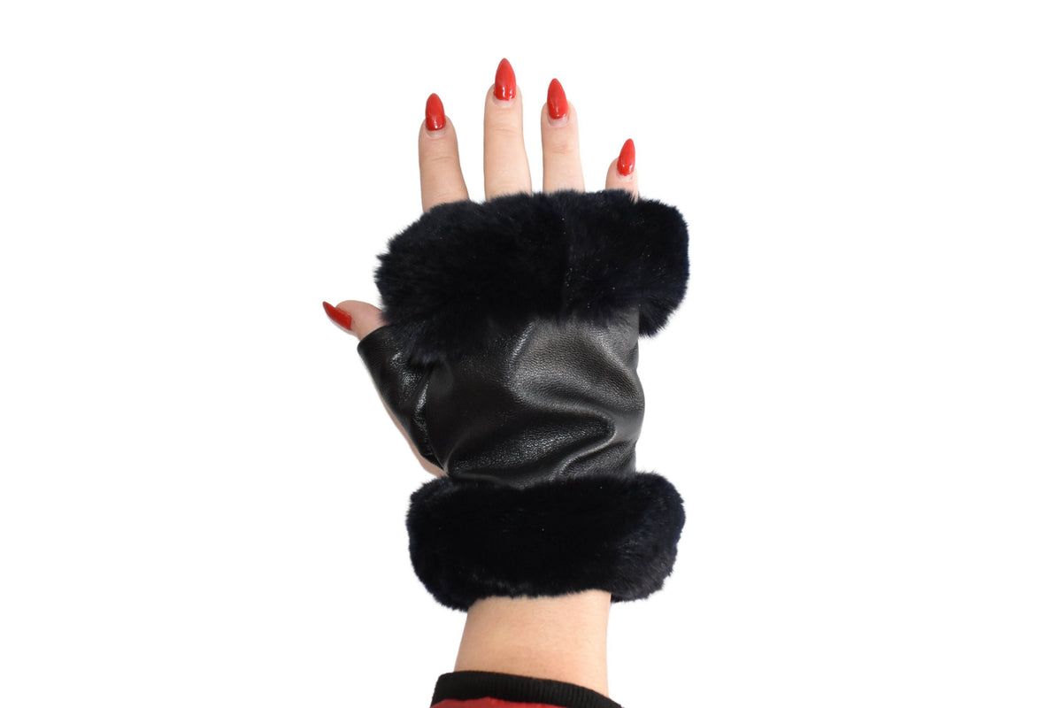 Leather Fingerless Gloves  | Renuine Leather Gloves  | Women Gloves  | Rex rabbit Fur  Gloves | Black  Gloves | Valentine Gift