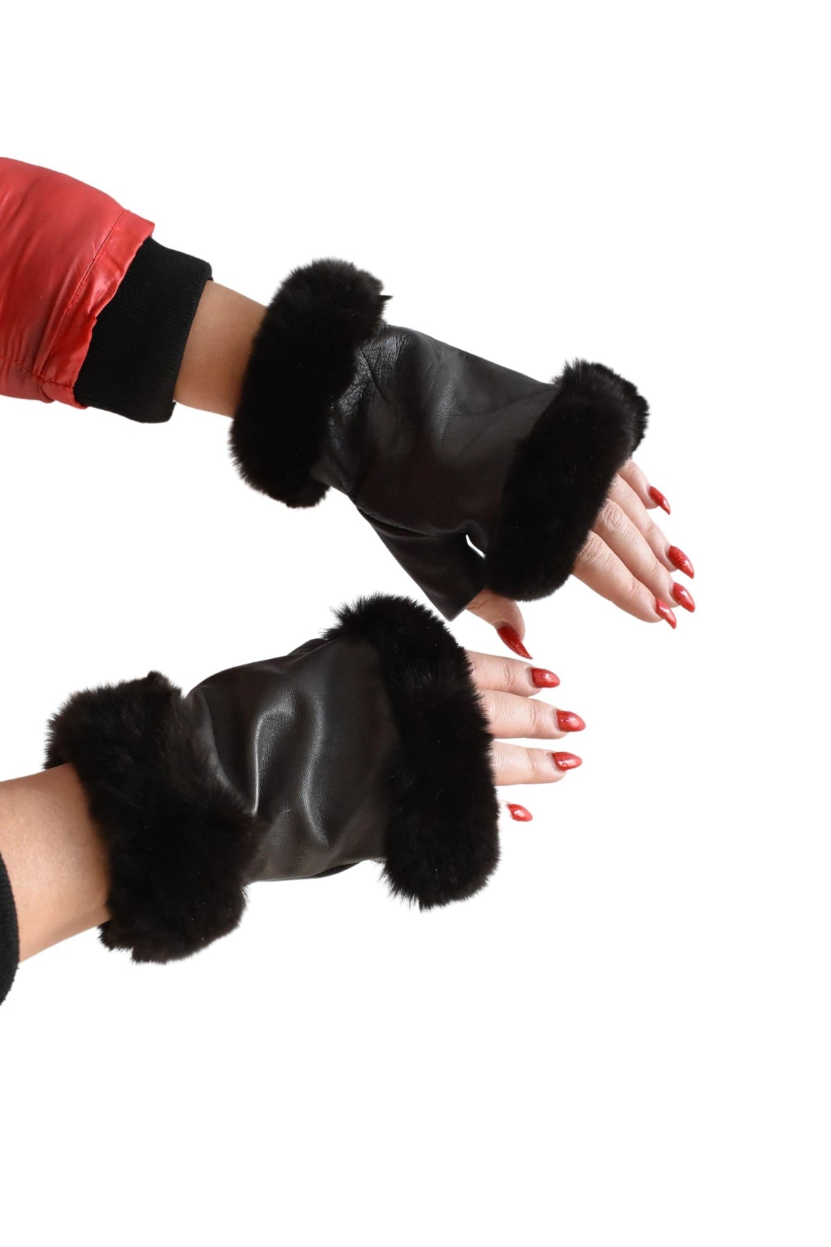 Leather Fingerless Gloves  | Renuine Leather Gloves  | Women Gloves  | Rex rabbit Fur  Gloves | Brown  Gloves | Valentine Gift